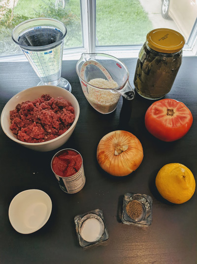 Ingredients for "Angela’s Stuffed Grape Leaves with Meat and Rice (Derevee Dolma)"